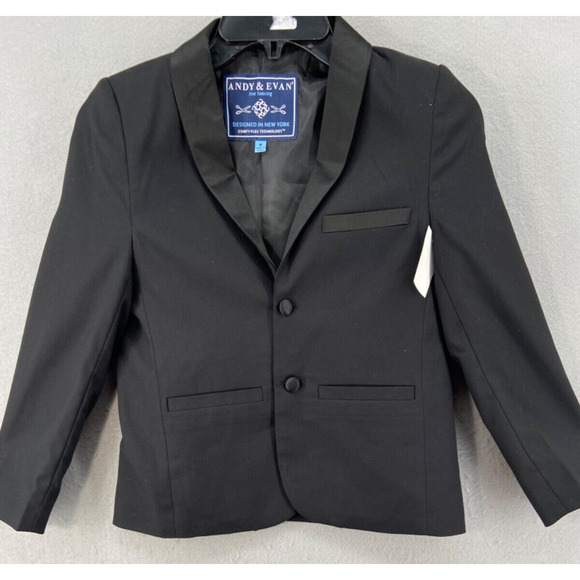 Andy & Evan‎ Blazer Jacket Boys Sz 8 Black Satin Trim Comfy-Flex Dressy Tux - Picture 1 of 12